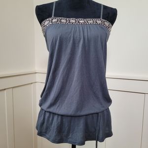 Charcoal Grey sequined spaghetti strap tank with sequined detail on neck.
